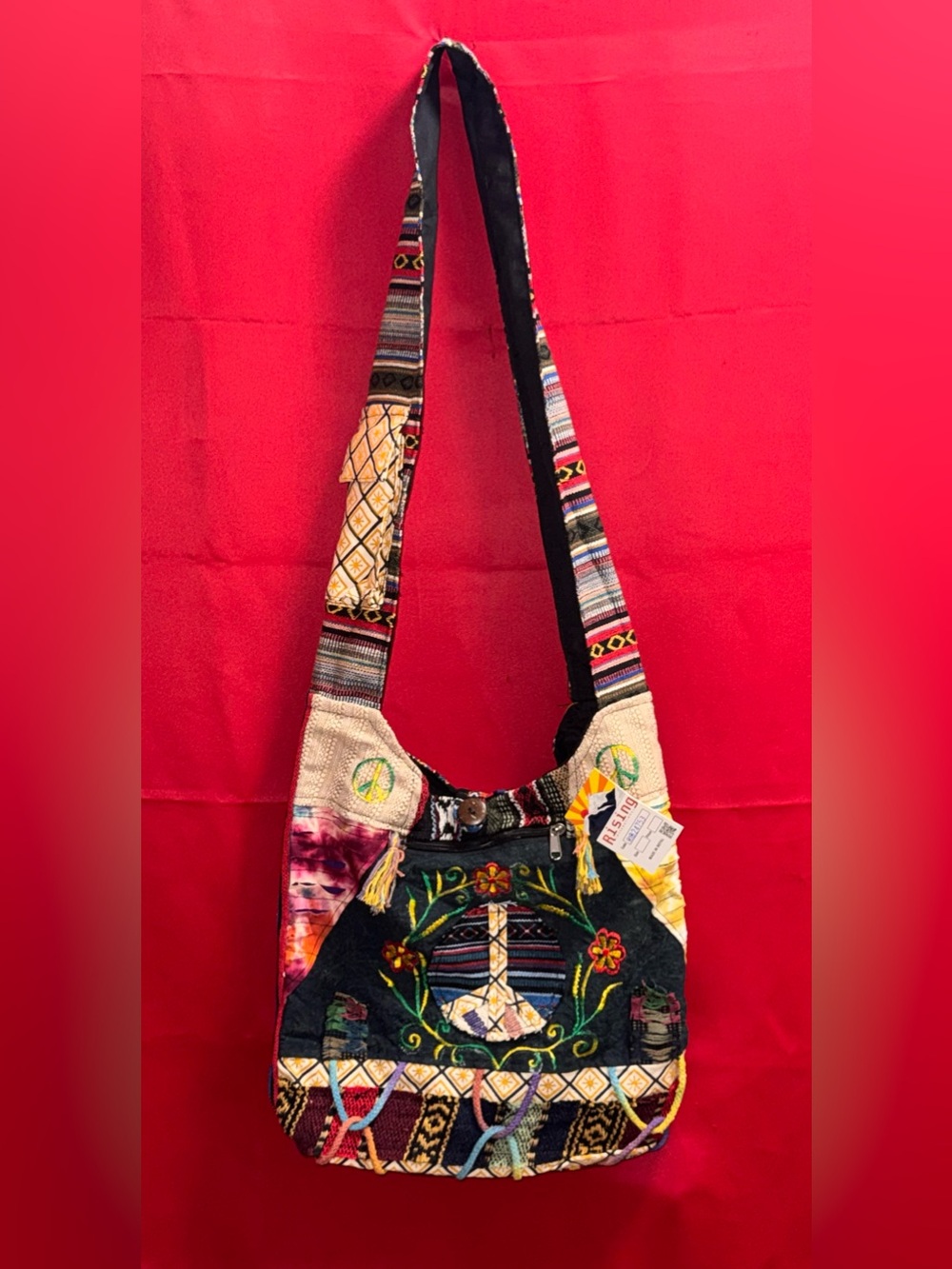🔥#673-NWT- Rising International Nepal Boho Embroidered Peace Sign Patchwork Bag